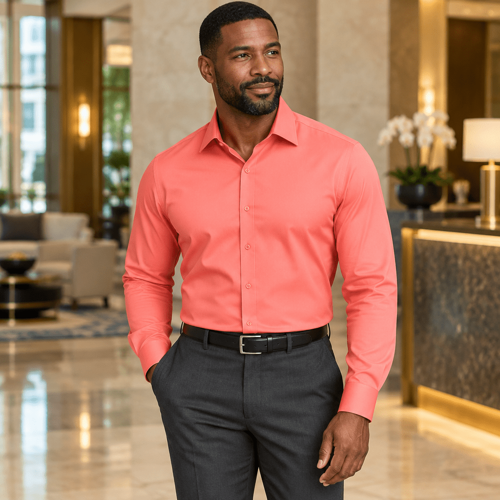 Men's Basic Dress Shirt with Convertible Cuff -Color Coral - Upscale Men's Fashion