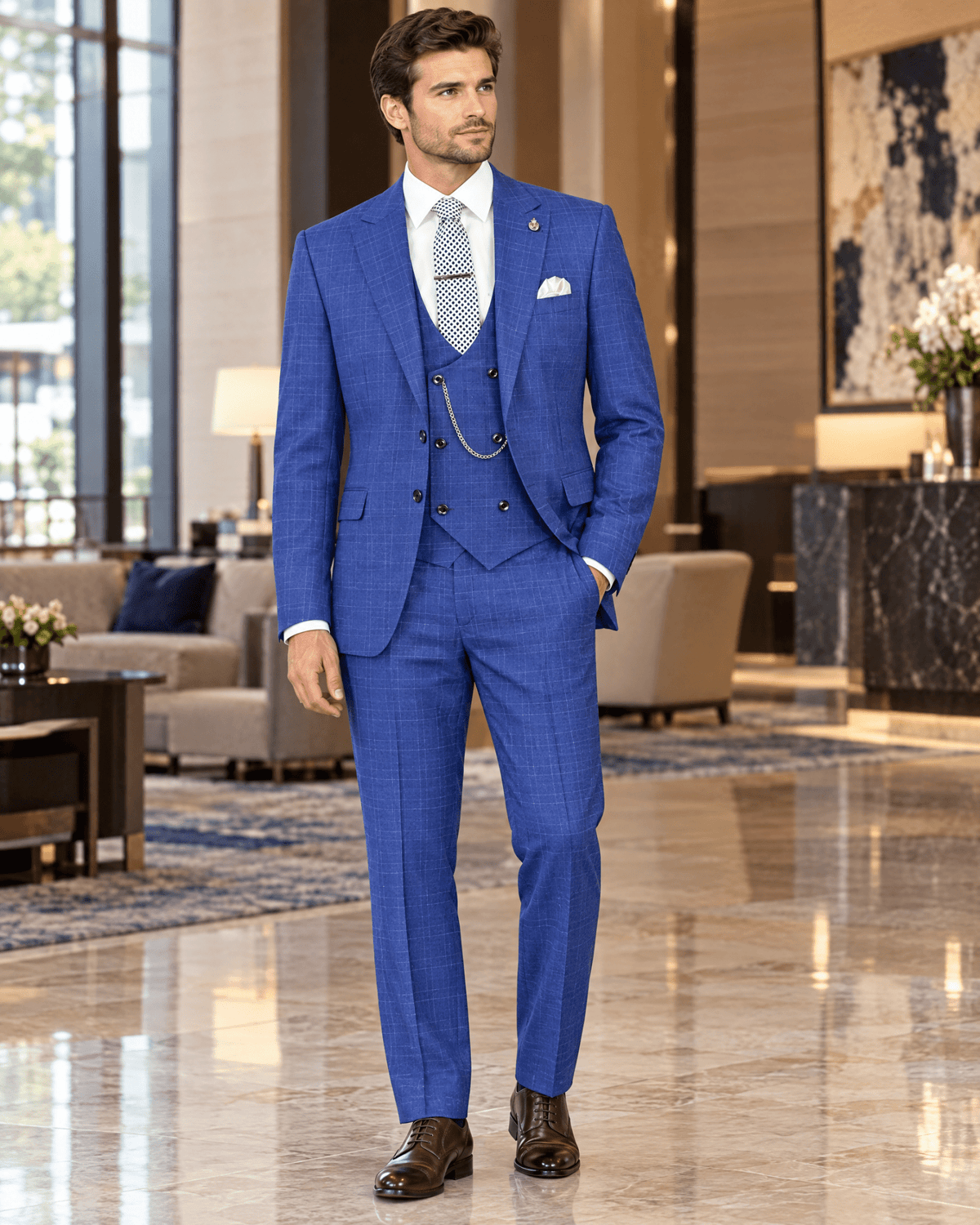 Men’s Classic Blue Regular Fit Glen Plaid 3-Piece Suit – Cortona Collection - Upscale Men's Fashion
