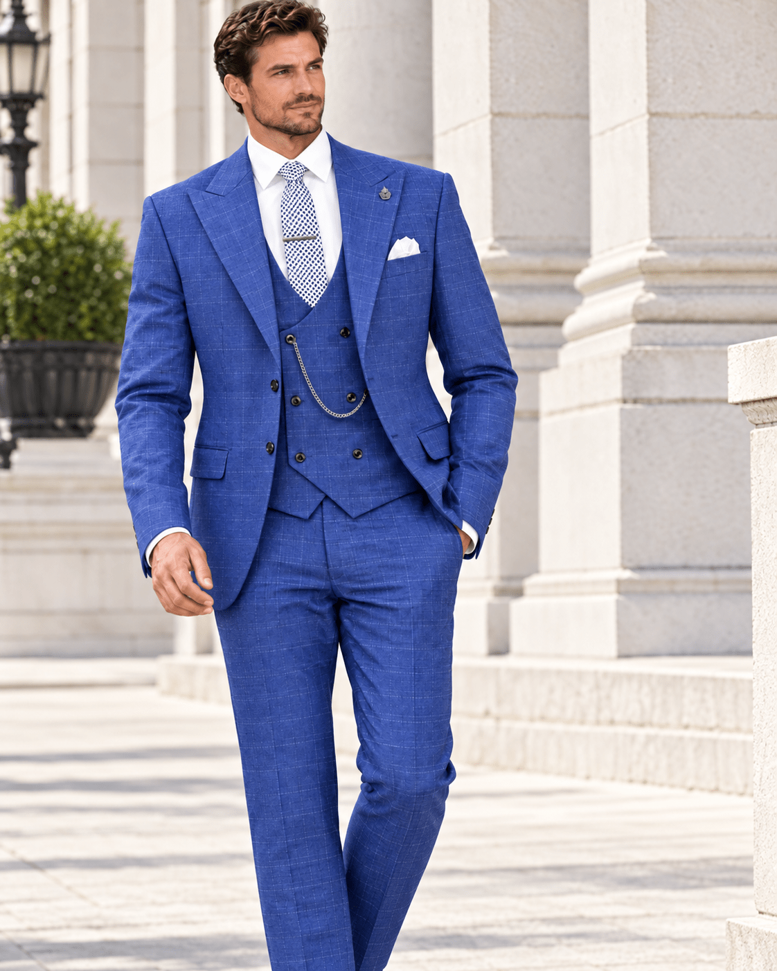 Men’s Classic Blue Regular Fit Glen Plaid 3-Piece Suit – Cortona Collection - Upscale Men's Fashion
