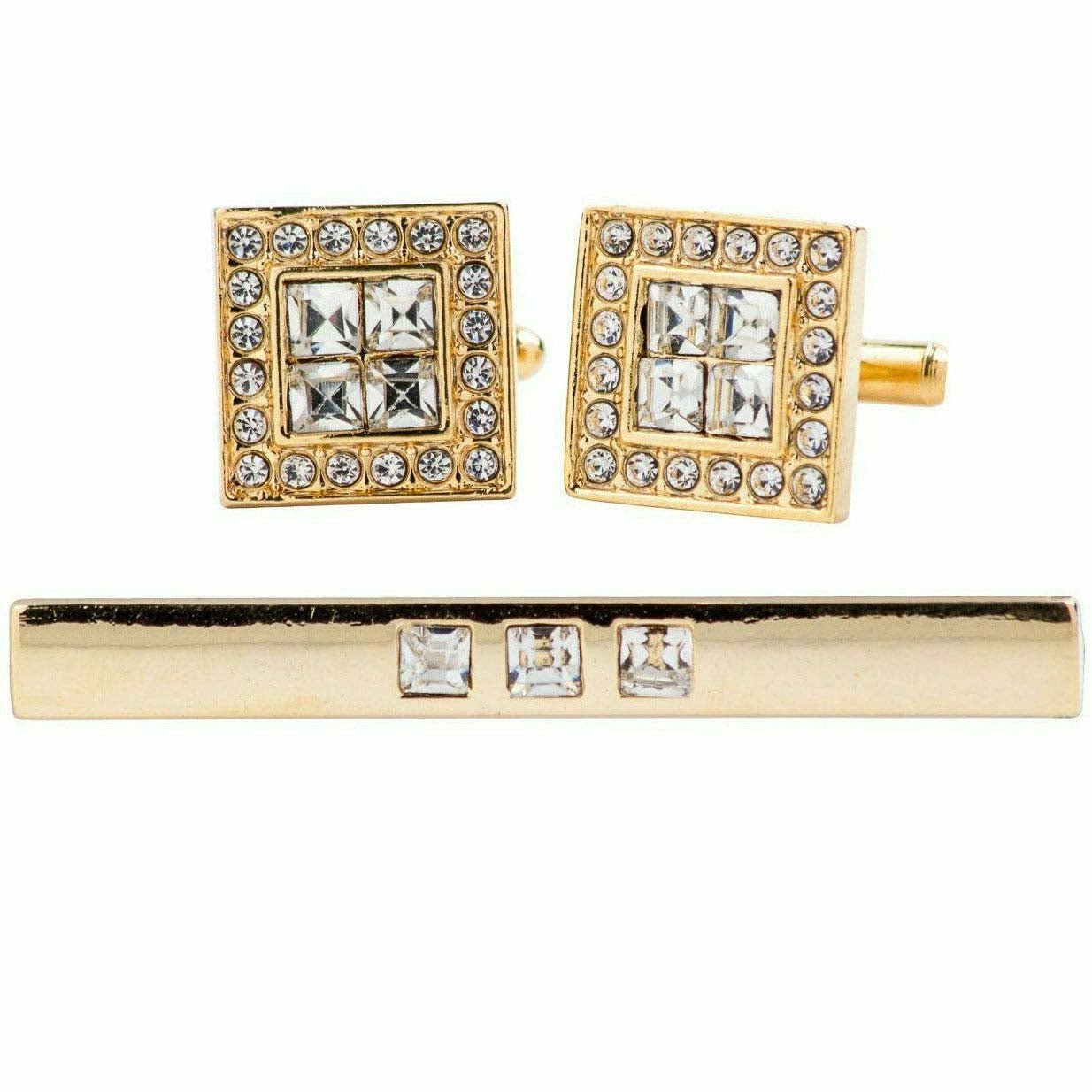 Vittorio Vico Gold Rhinestone Cufflinks & Tie Bar Set in Gift Box - Upscale Men's Fashion