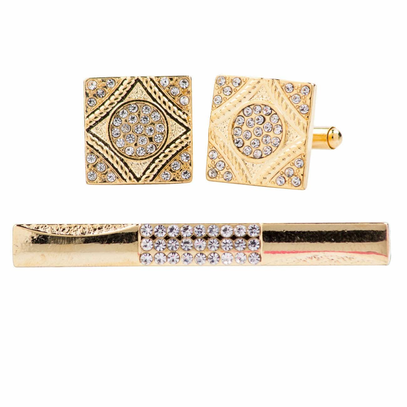 Vittorio Vico Gold Rhinestone Cufflinks & Tie Bar Set in Gift Box - Upscale Men's Fashion