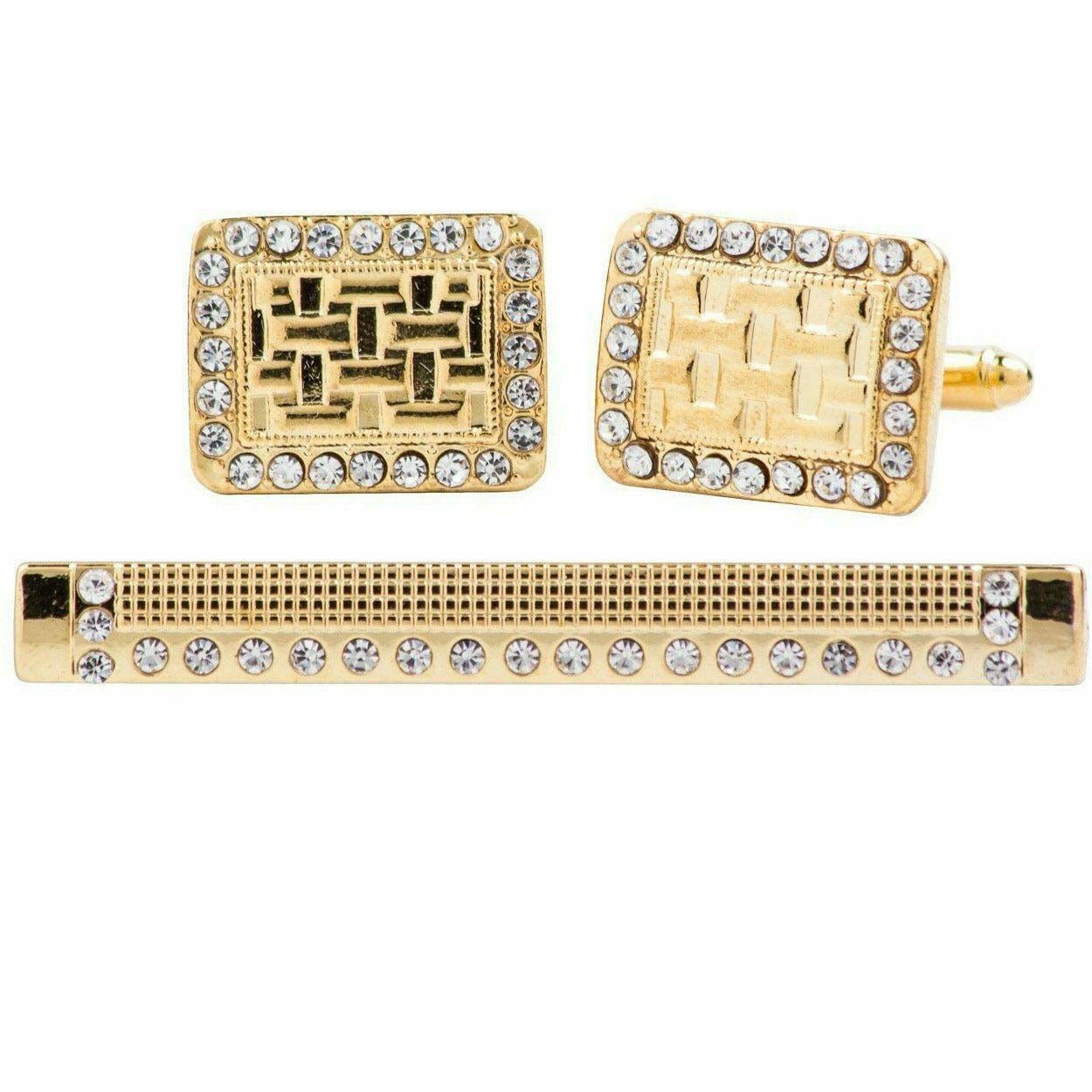 Vittorio Vico Gold Rhinestone Cufflinks & Tie Bar Set in Gift Box - Upscale Men's Fashion
