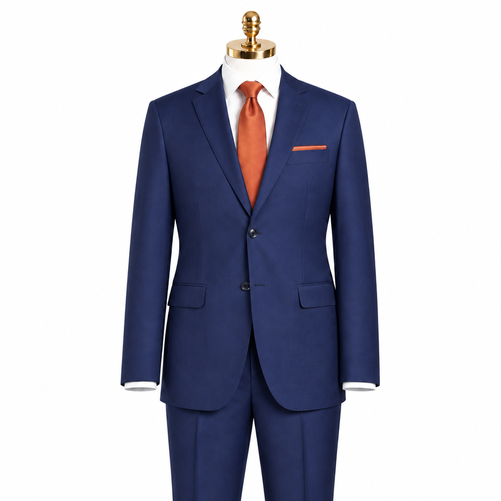 Men's blue Super 100s wool modern-fit two-piece suit on a gold-head mannequin
