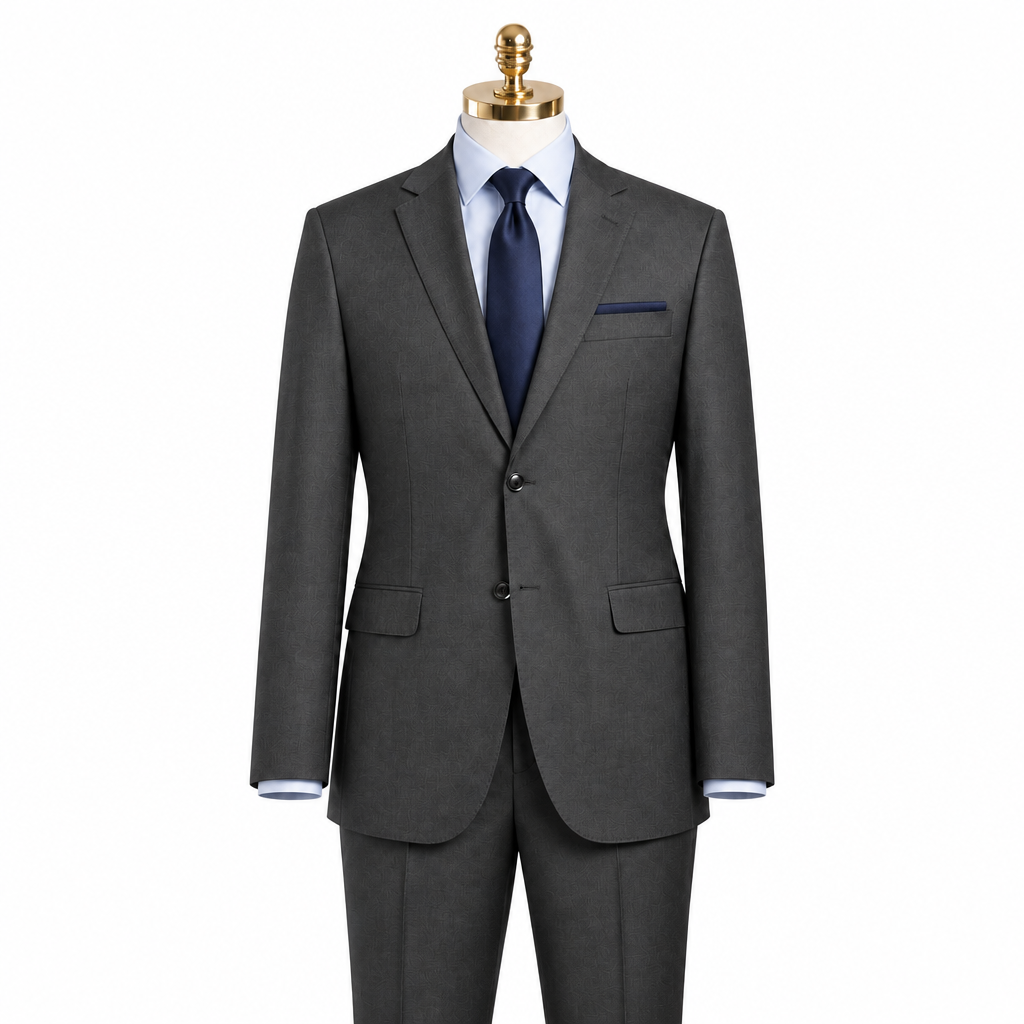 Men's charcoal Super 100s wool modern-fit two-piece suit on a gold-head mannequin