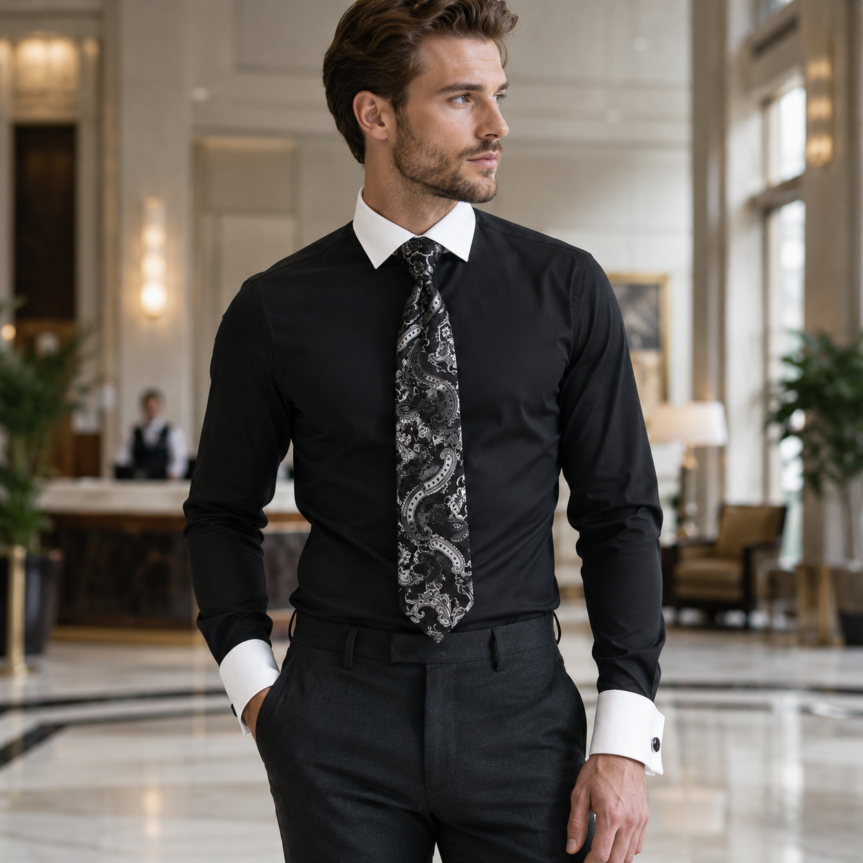 Man wearing Black French cuff dress shirt and matching paisley tie