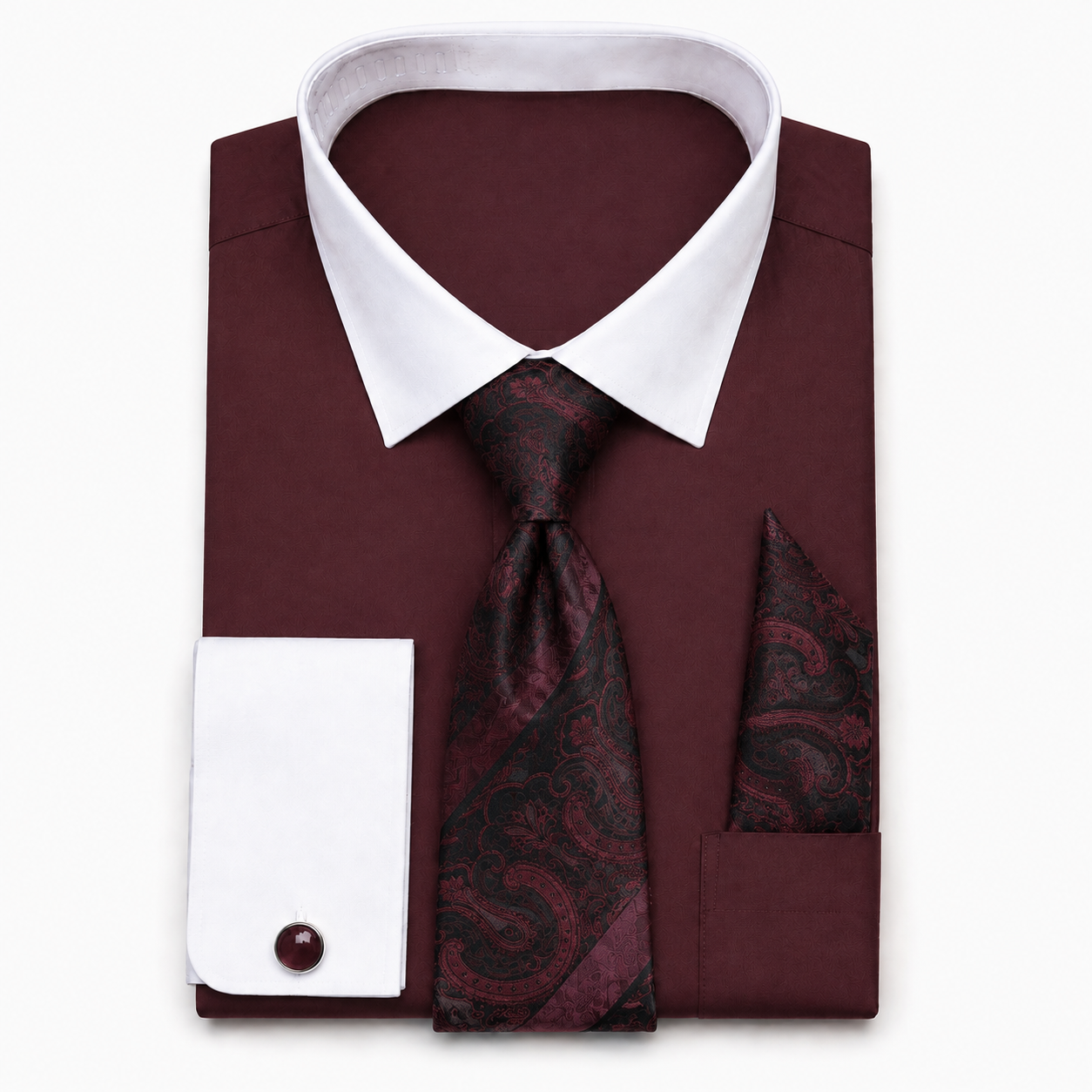 Men's Burgundy cotton blend French cuff dress shirt set with paisley tie