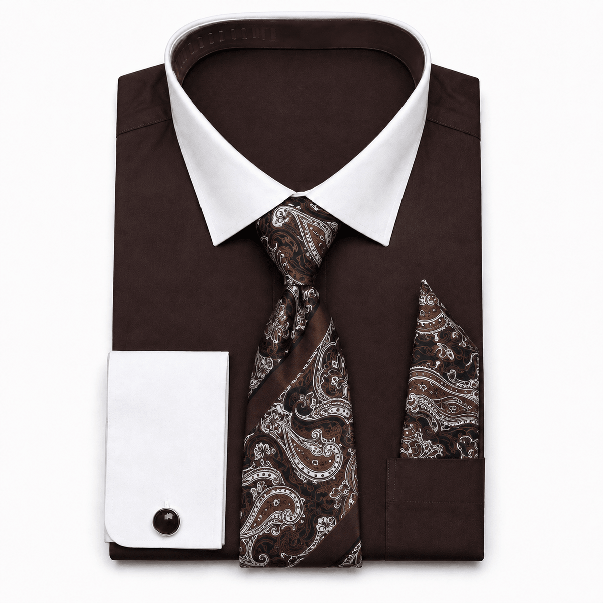 Men's Dark Brown White Collar French Cuff Dress Shirt Set - Upscale Men's Fashion