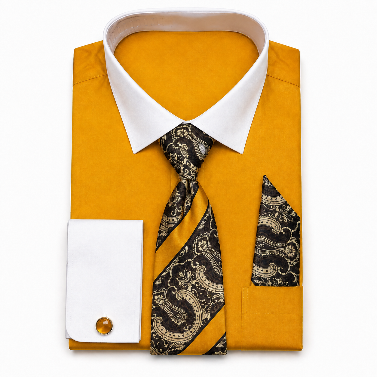 Men's Mustard cotton blend French cuff dress shirt set with paisley tie