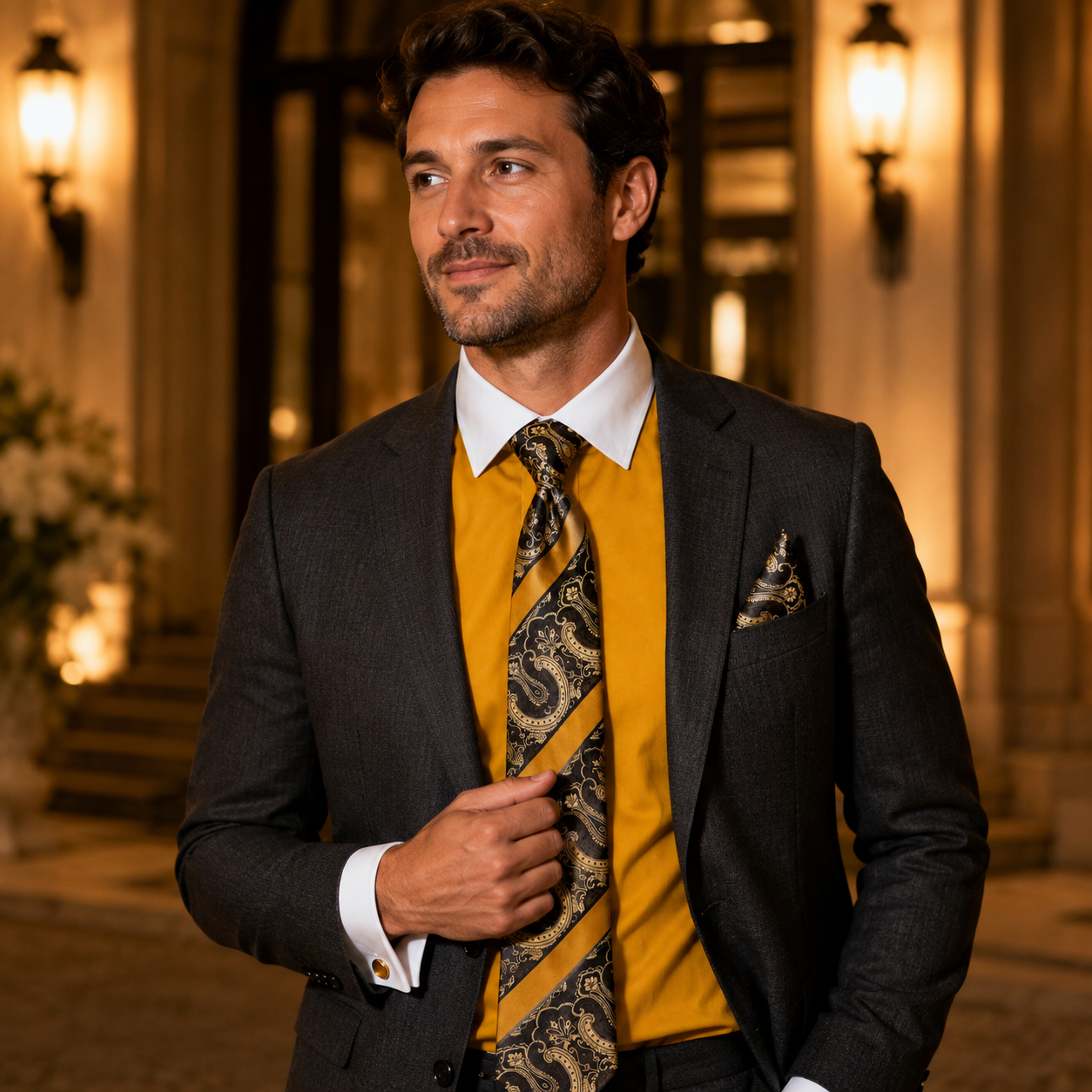 Men's Mustard formal shirt set with matching tie and pocket square