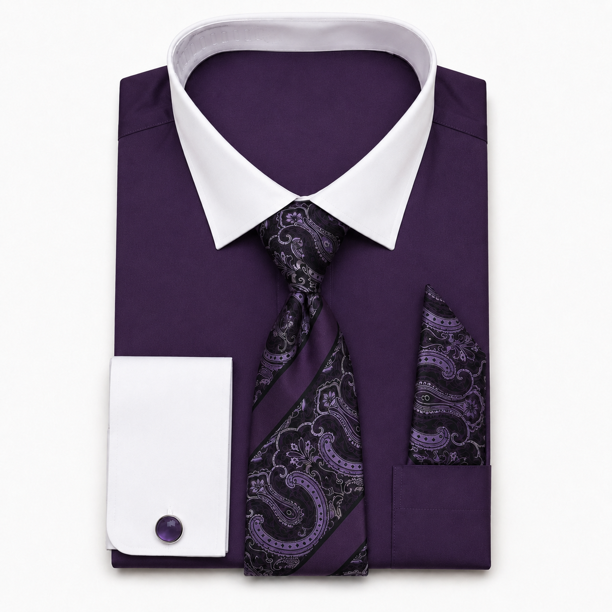 Men's Purple cotton blend French cuff dress shirt set with paisley tie