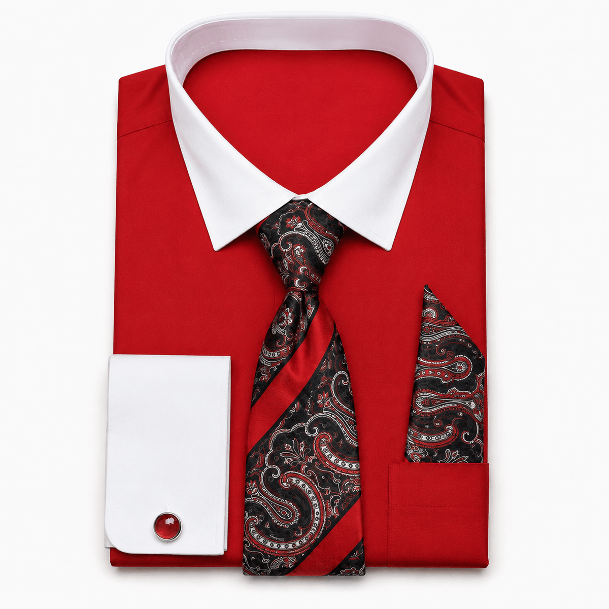 Men's Red White Collar French Cuff Dress Shirt Set - Upscale Men's Fashion