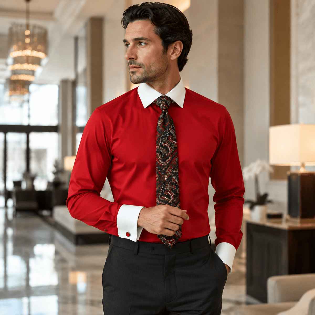 Men's Red White Collar French Cuff Dress Shirt Set - Upscale Men's Fashion