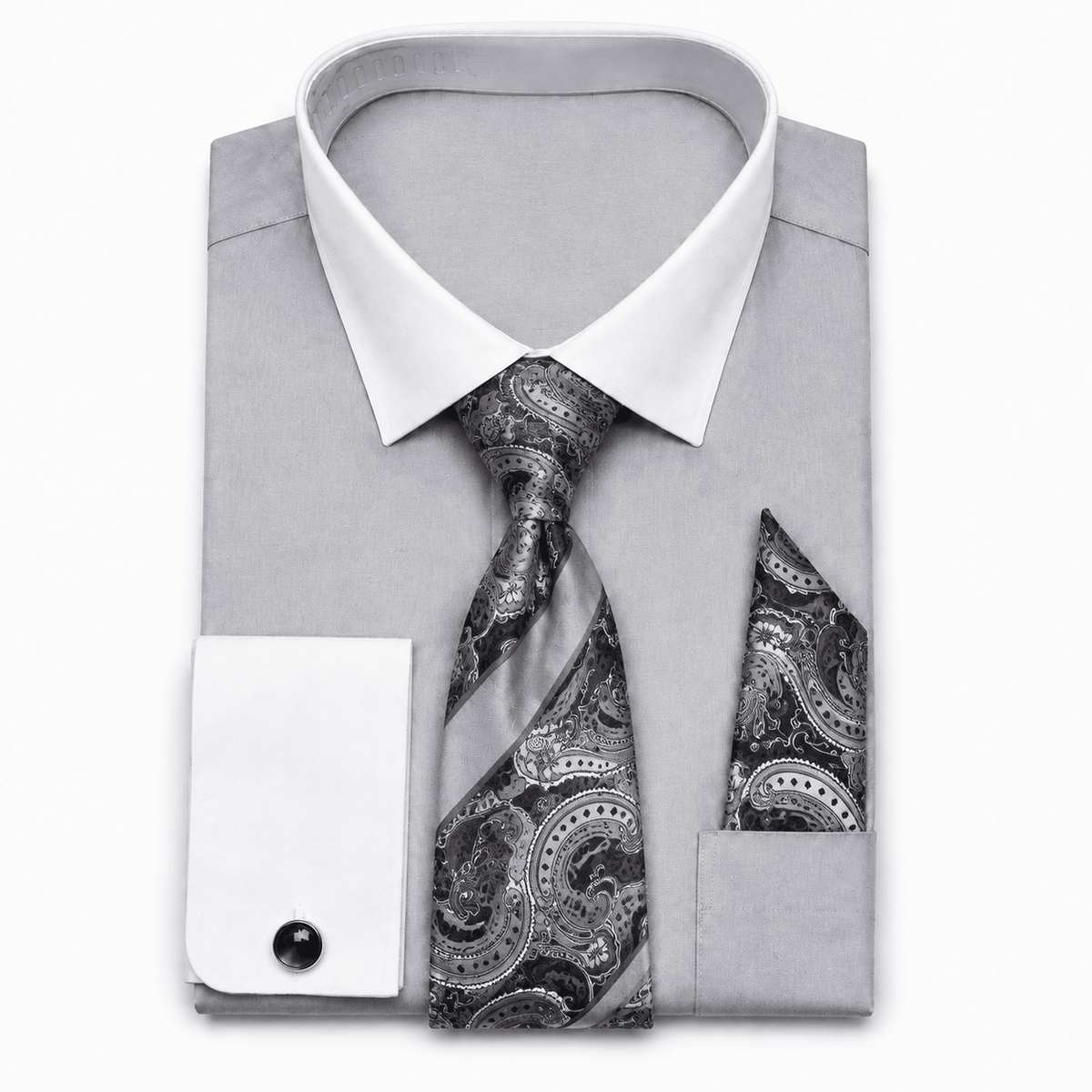 Men's Silver White Collar French Cuff Dress Shirt Set - Upscale Men's Fashion