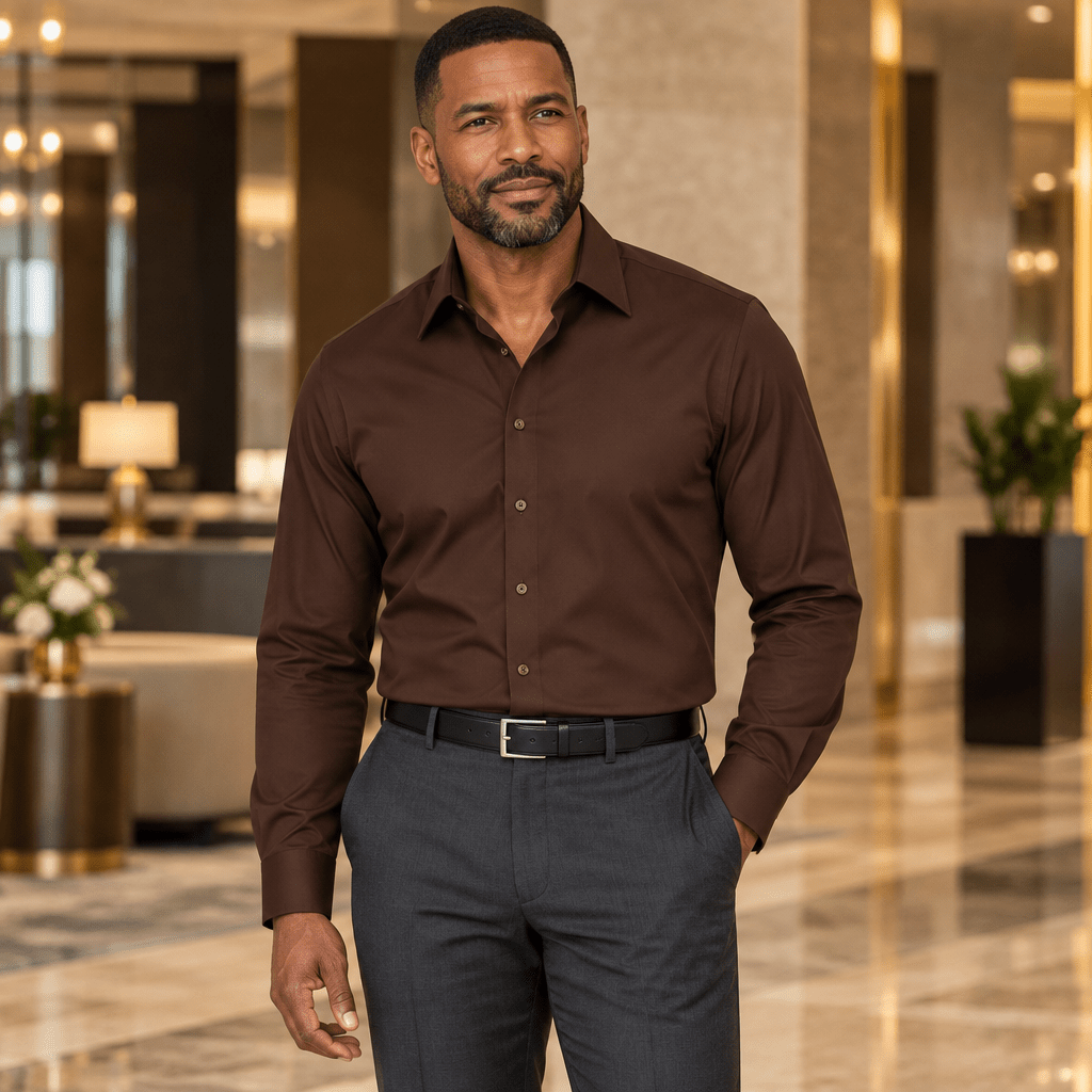 Men's Basic Dress Shirt with Convertible Cuff -Color Dark Brown - Upscale Men's Fashion