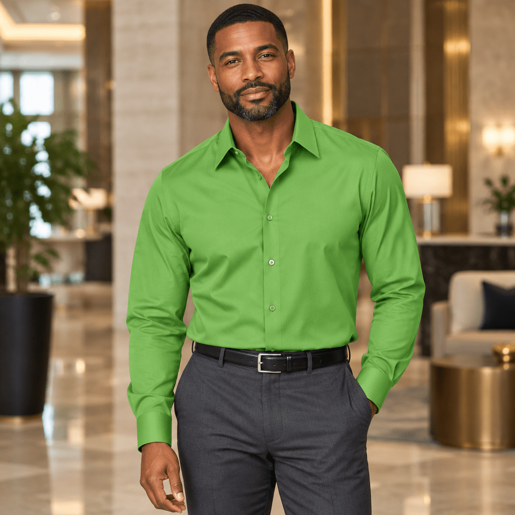 Men's Basic Dress Shirt with Convertible Cuff -Dark Lime - Upscale Men's Fashion