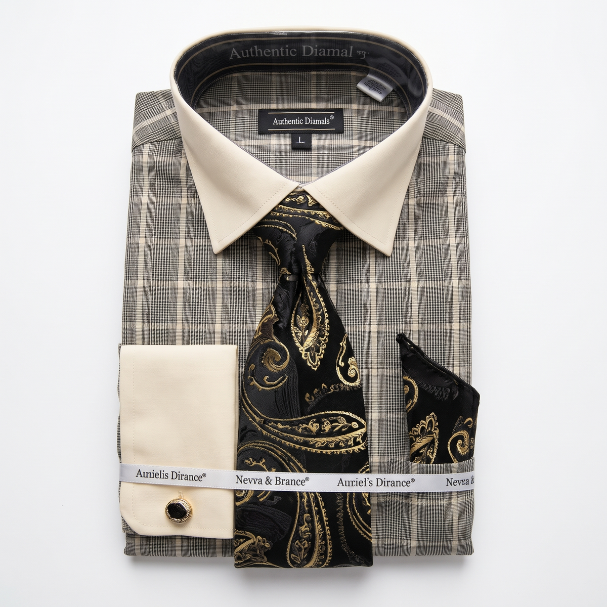 Men's black plaid contrast collar dress shirt set – front product view