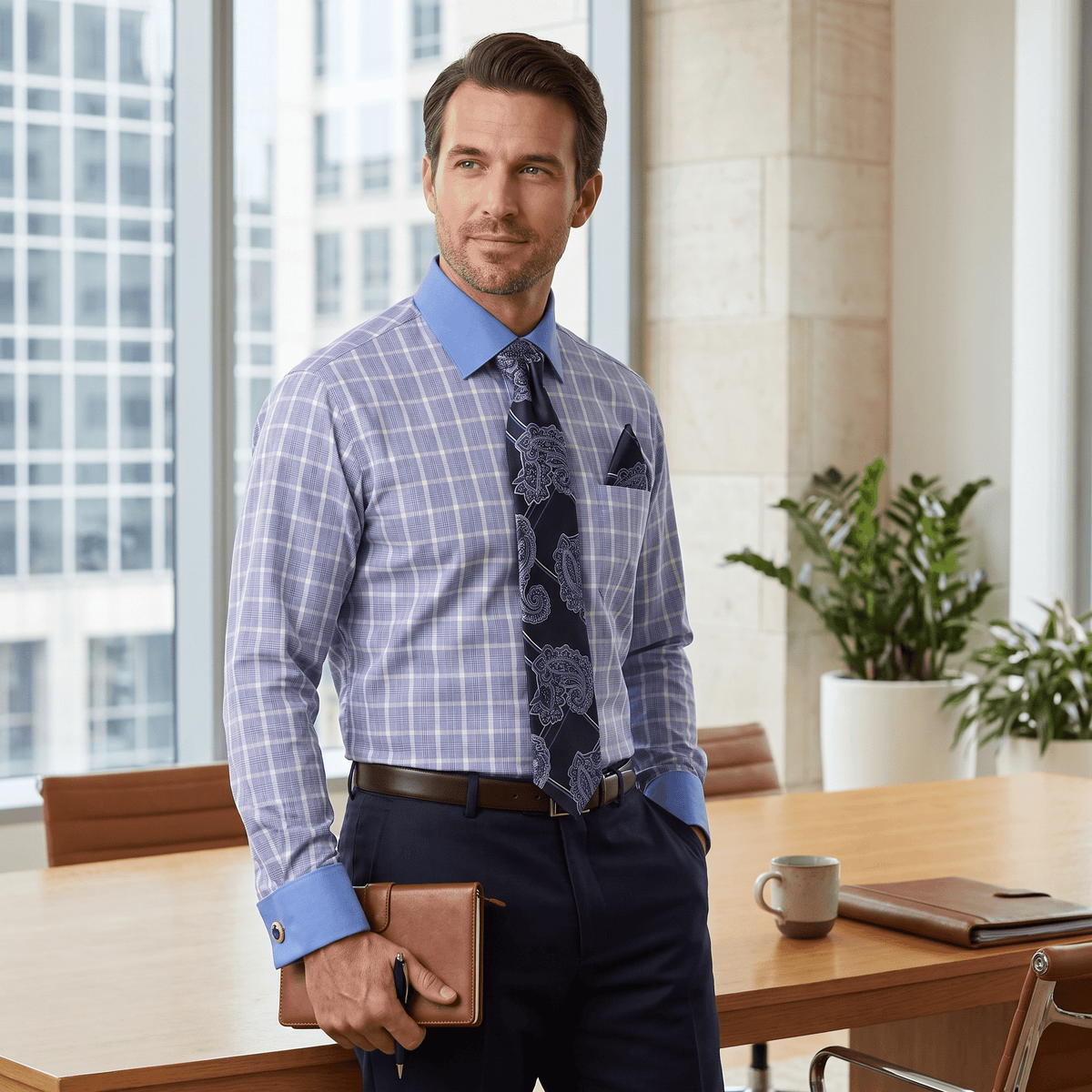 Men's Plaid Contrast Collar Dress Shirt Set – Blue - Upscale Men's Fashion