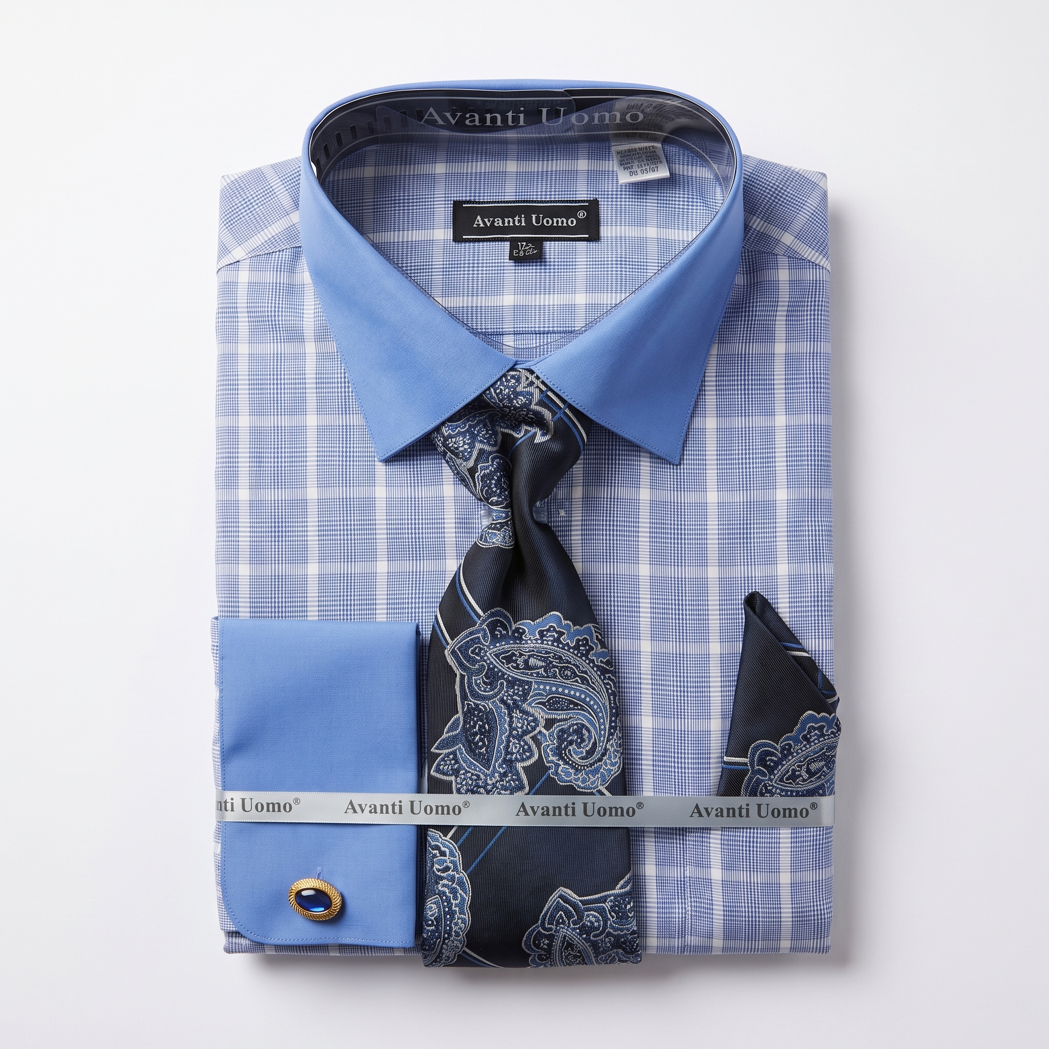 Men's blue plaid contrast collar dress shirt set – front product view