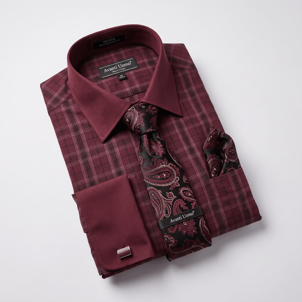 Men's Plaid Contrast Collar Dress Shirt Set – Burgundy - Upscale Men's Fashion