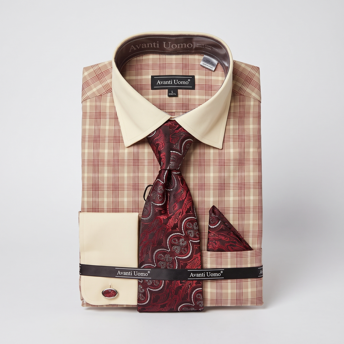 Men's red plaid contrast collar dress shirt set – front product view