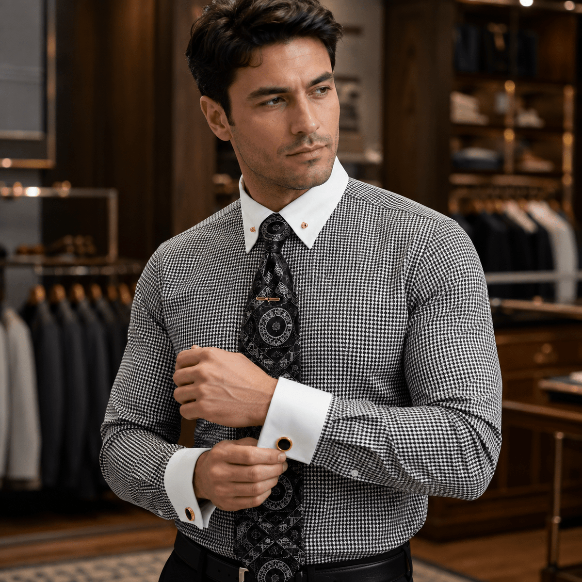 Men’s White Collar Patterned Dress Shirt Set – Black - Upscale Men's Fashion