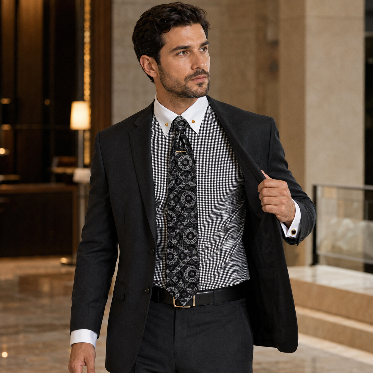 Male model wearing the black patterned dress shirt set with an open black suit
