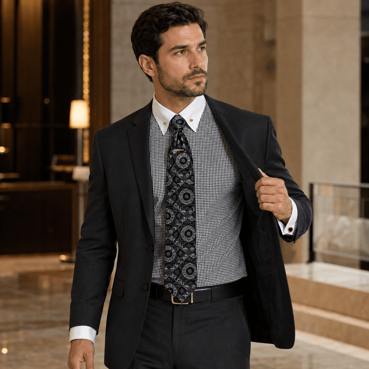 Men’s White Collar Patterned Dress Shirt Set – Black - Upscale Men's Fashion