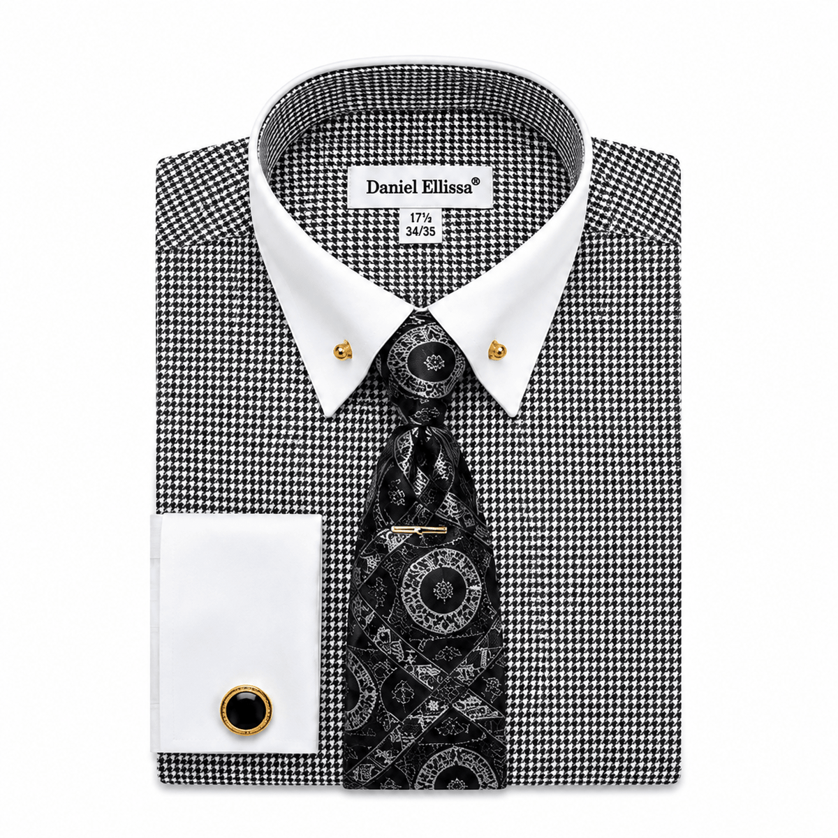 Men’s White Collar Patterned Dress Shirt Set – Black - Upscale Men's Fashion