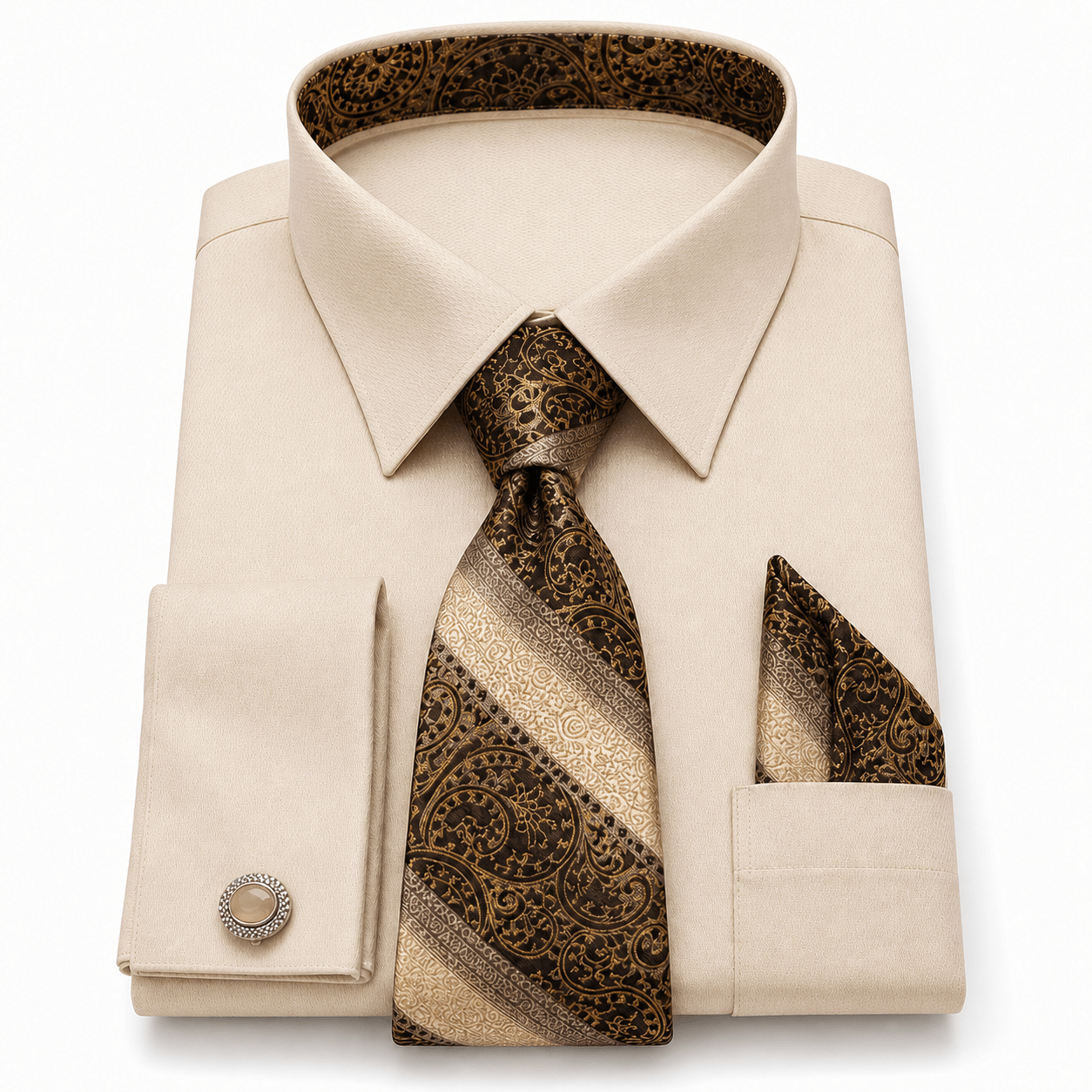 Men's Textured Jacquard Collar & Cuff Dress Shirt Set, Beige - Upscale Men's Fashion