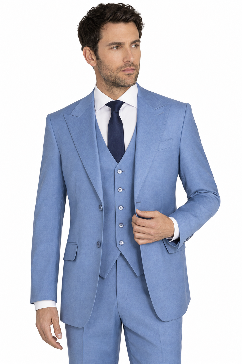 Dusty blue three-piece suit with matching five-button vest