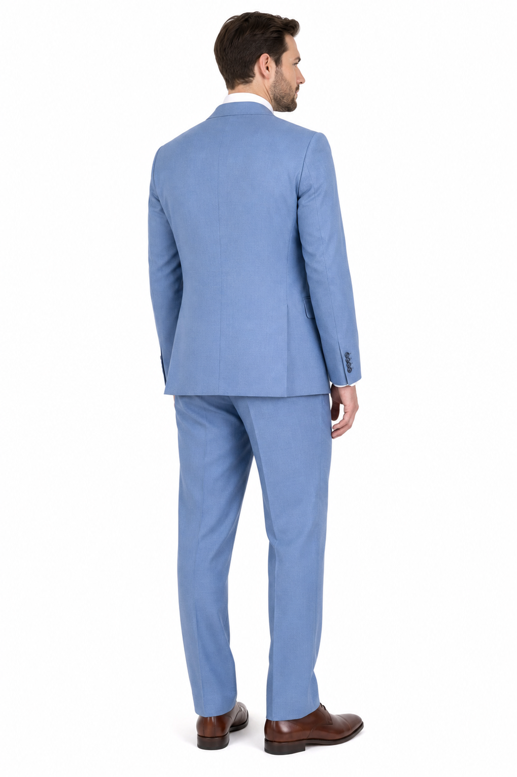 Dusty blue regular fit three-piece suit back view on model