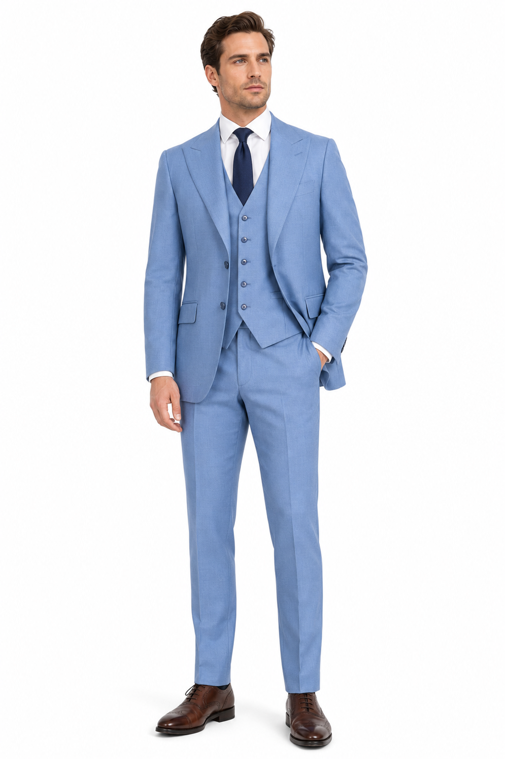 Dusty blue regular fit three-piece suit front view on model