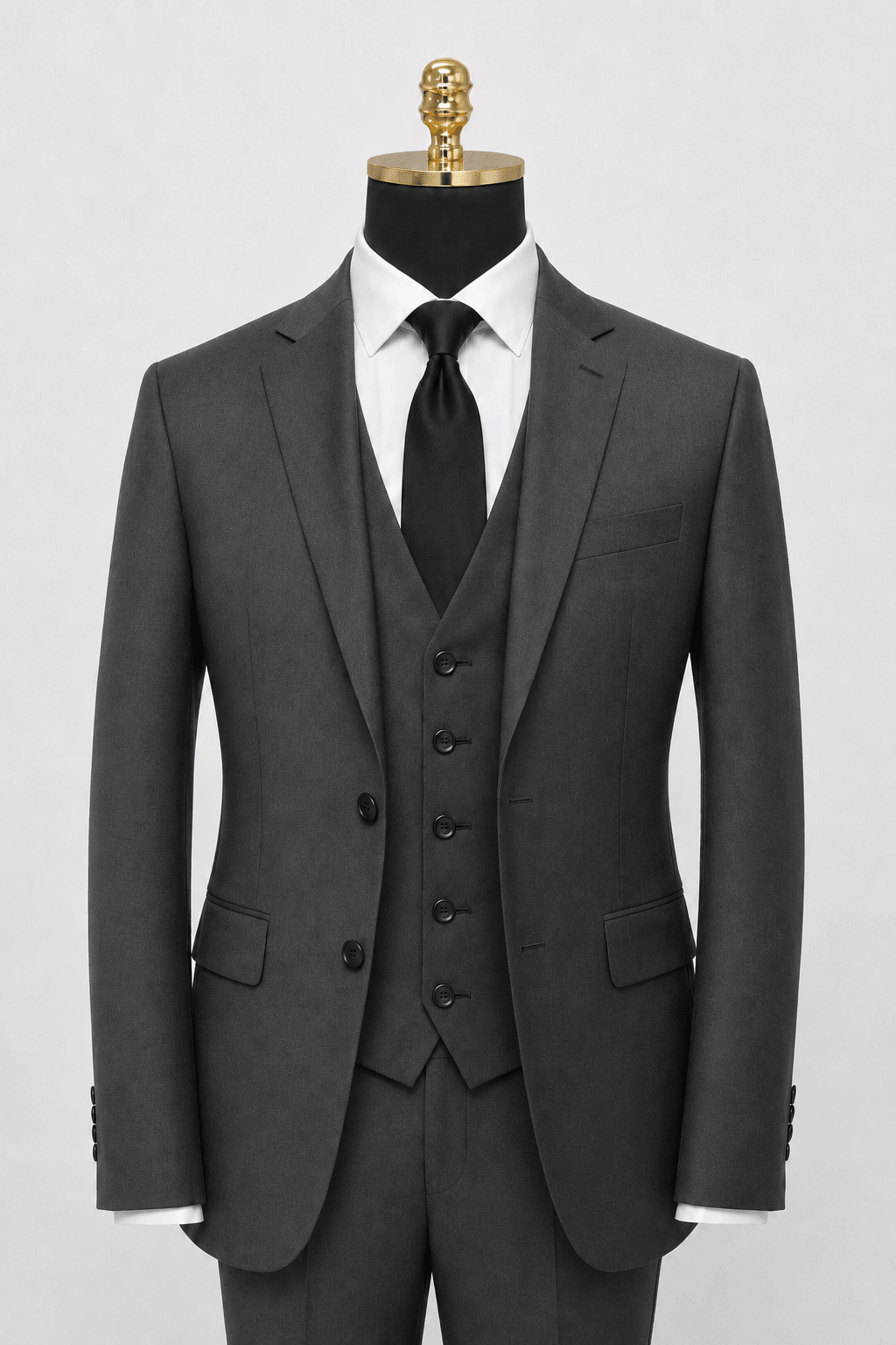 Ferera Modern Fit 3-piece dark gray suit on logo-free mannequin