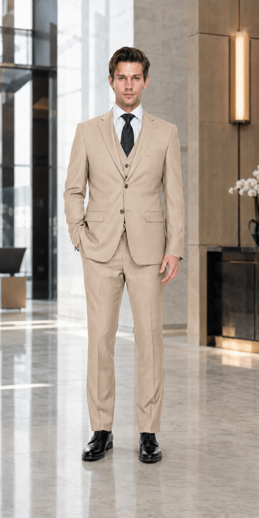 Ferera Modern Fit 3-piece tan suit lifestyle image