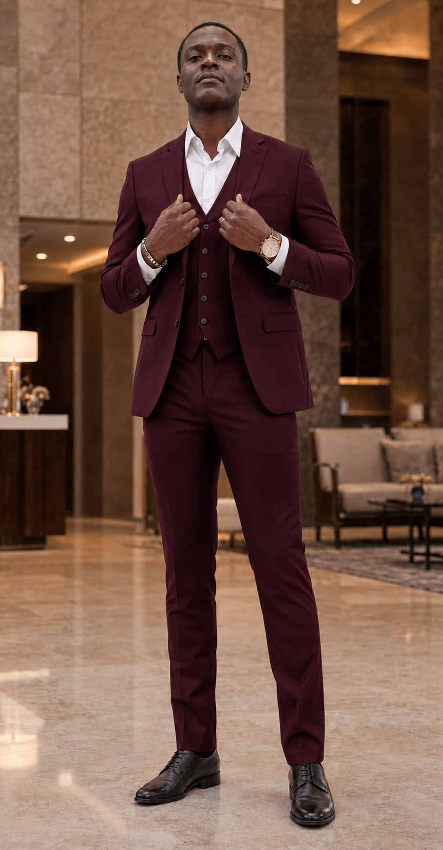Ferera Slim Fit 3-piece burgundy suit lifestyle image