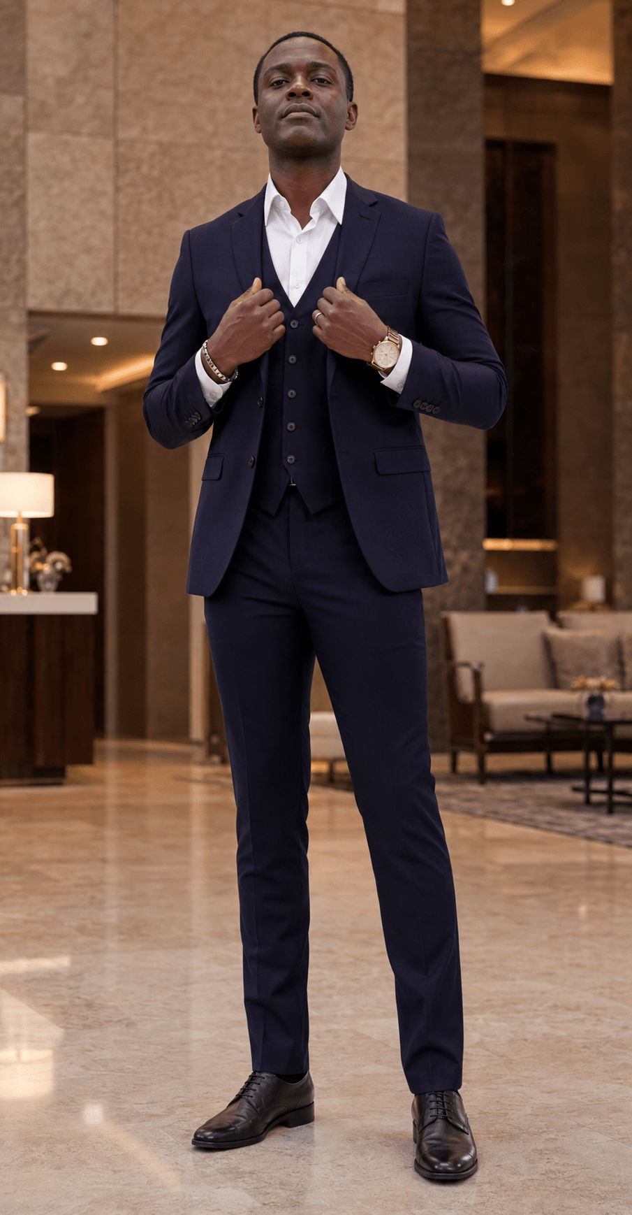 Ferera Slim Fit 3-piece navy suit lifestyle image