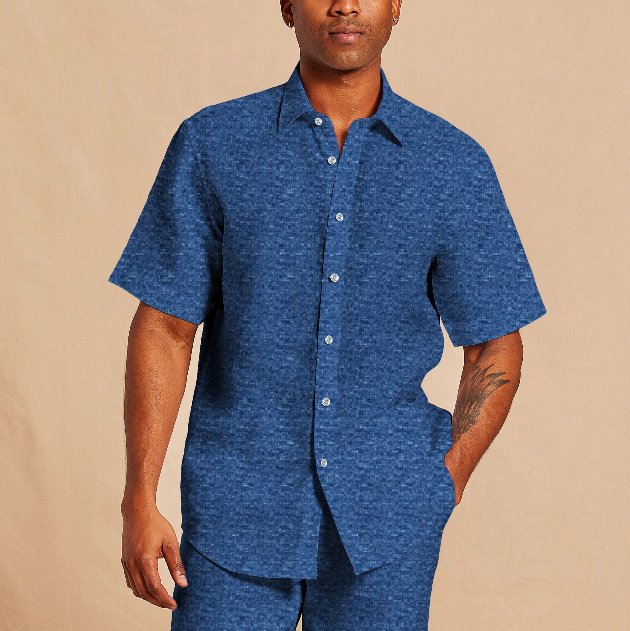 inserch river blue linen short sleeves shirt