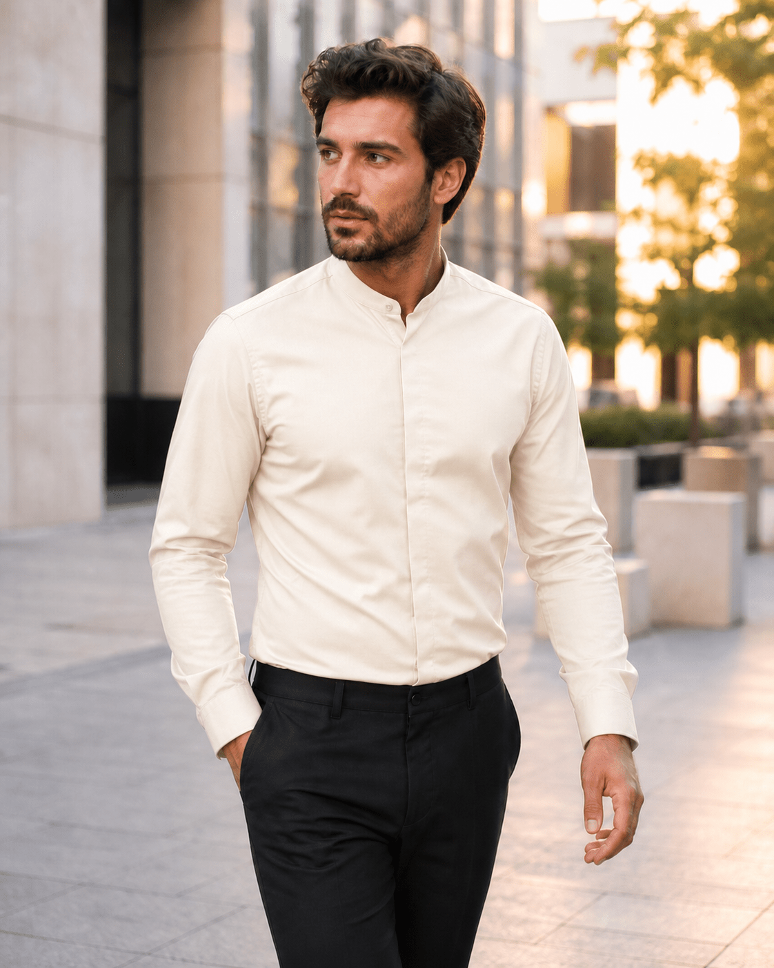 Banded Collar Dress Shirt, Ivory - Upscale Men's Fashion