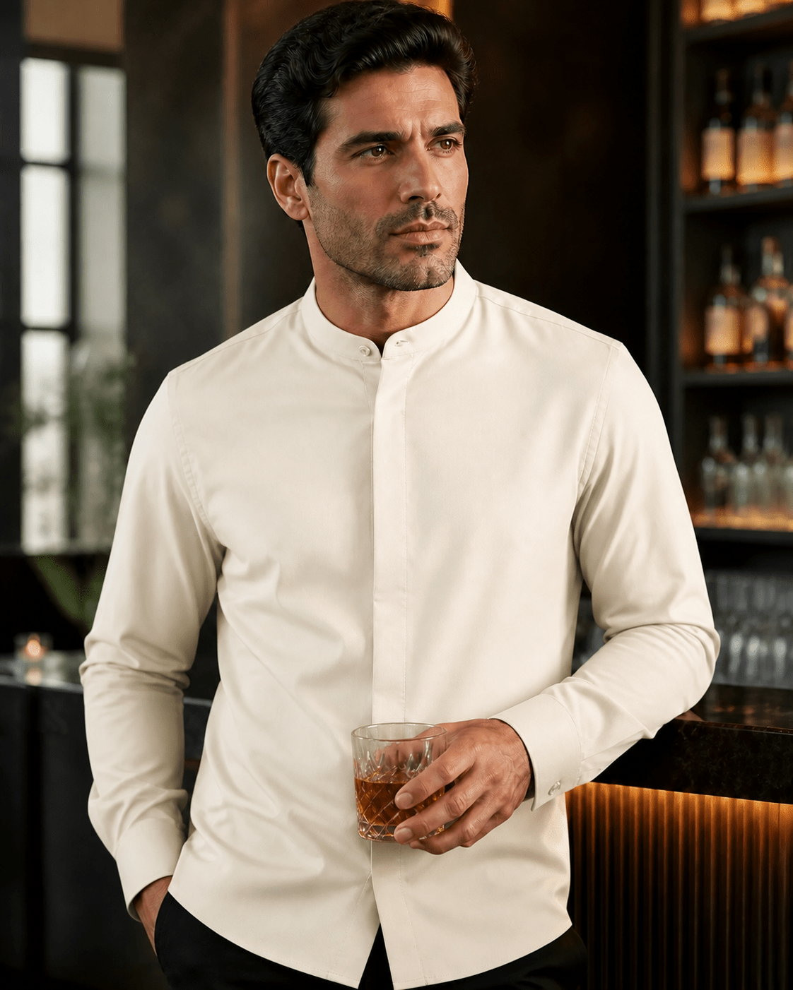 Banded Collar Dress Shirt, Ivory - Upscale Men's Fashion