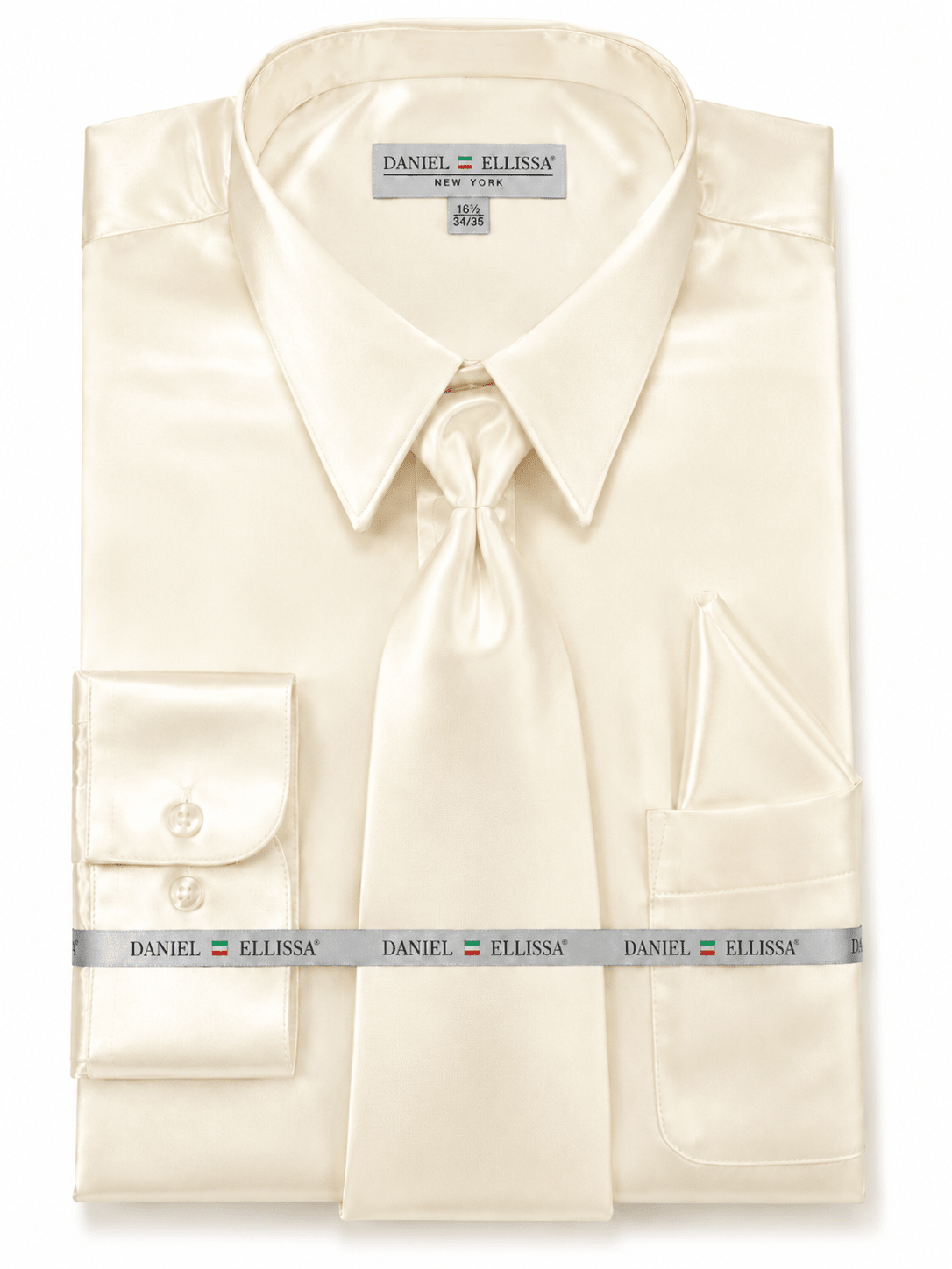 Ivory Satin Dress Shirt Set with Matching Tie & Pocket Square - Upscale Men's Fashion