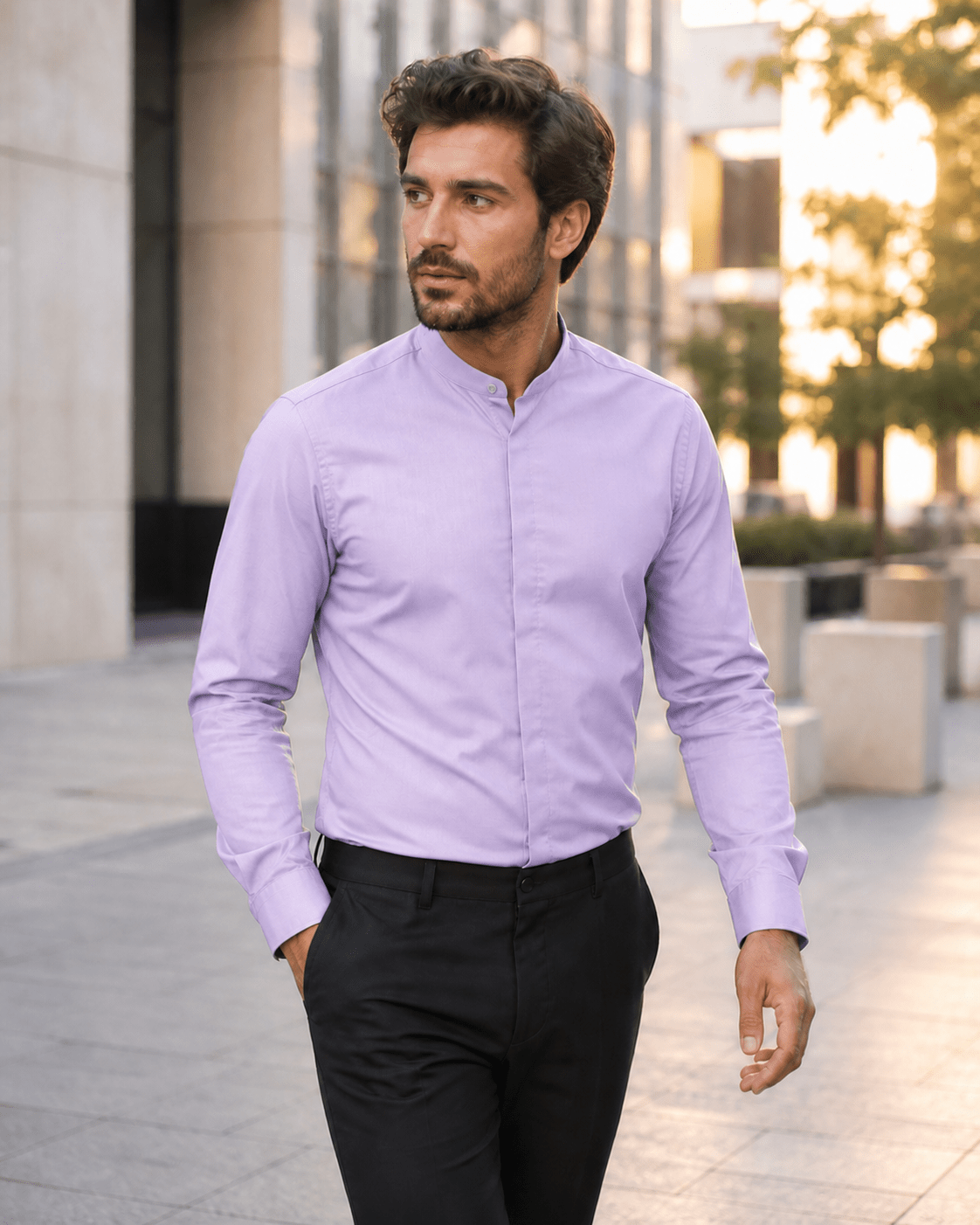 Banded Collar Dress Shirt, Lavender - Upscale Men's Fashion
