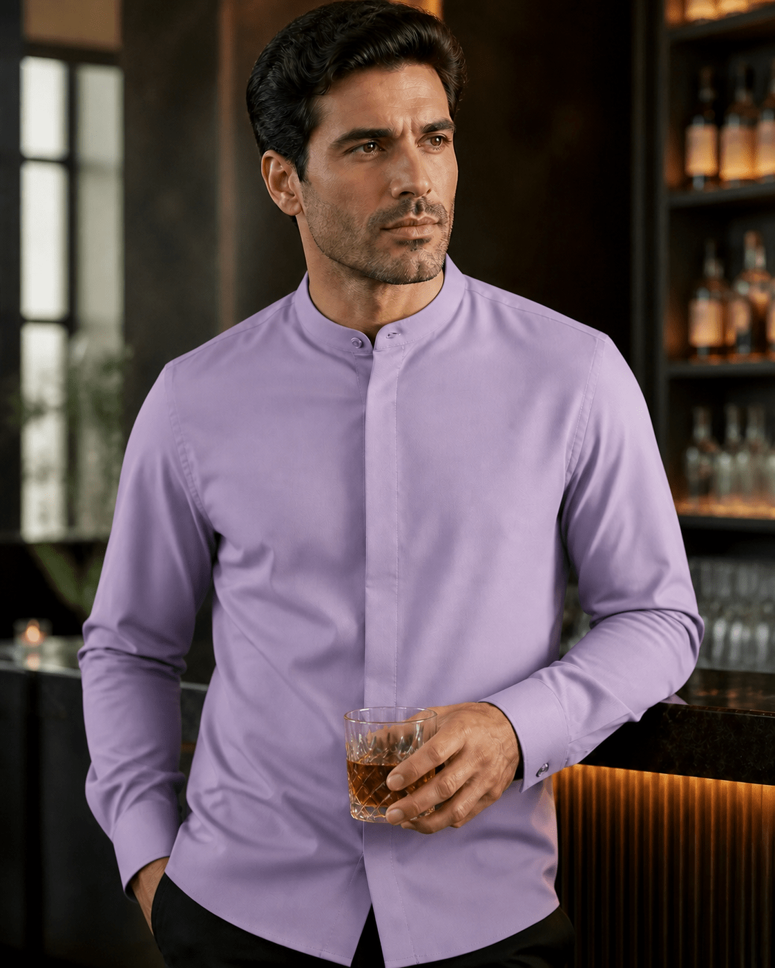 Banded Collar Dress Shirt, Lavender - Upscale Men's Fashion