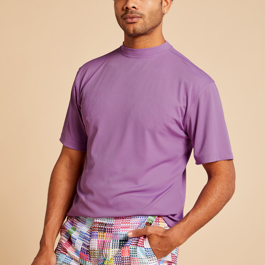 Men's lavender ribbed regular fit crew neck short sleeve T-shirt