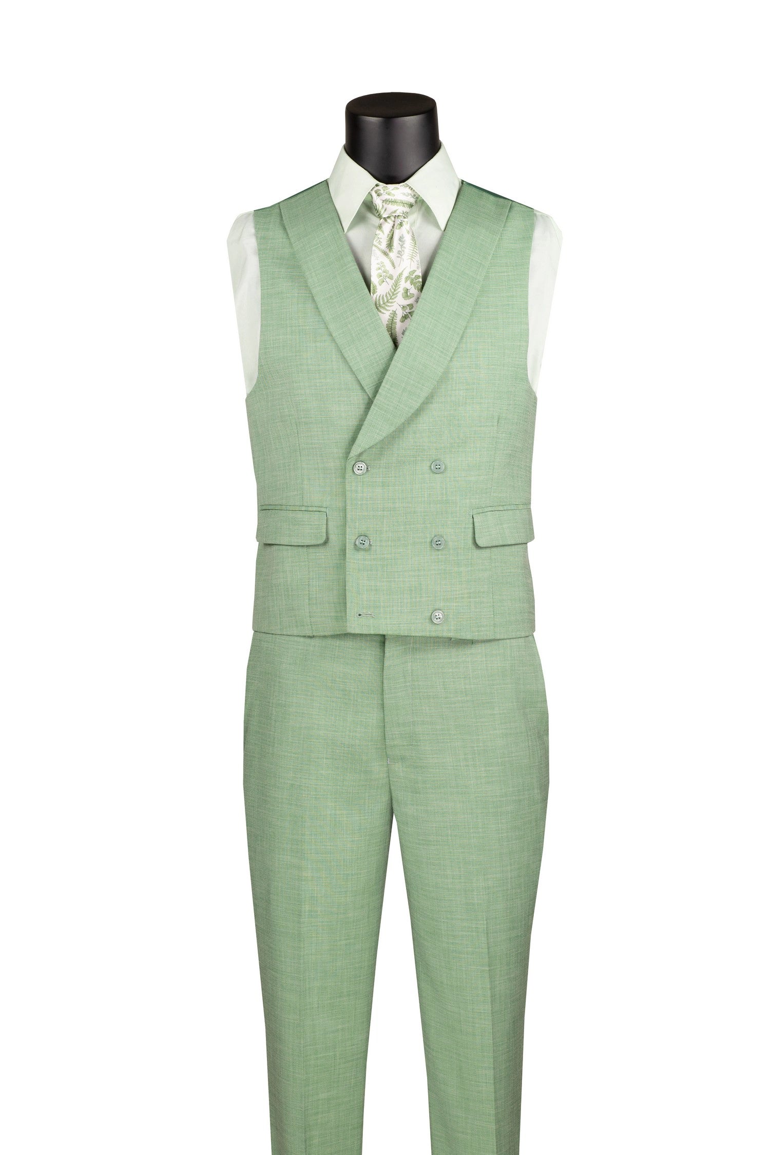 Light Green modern fit 3-piece suit shown with lapel vest and pants, no jacket