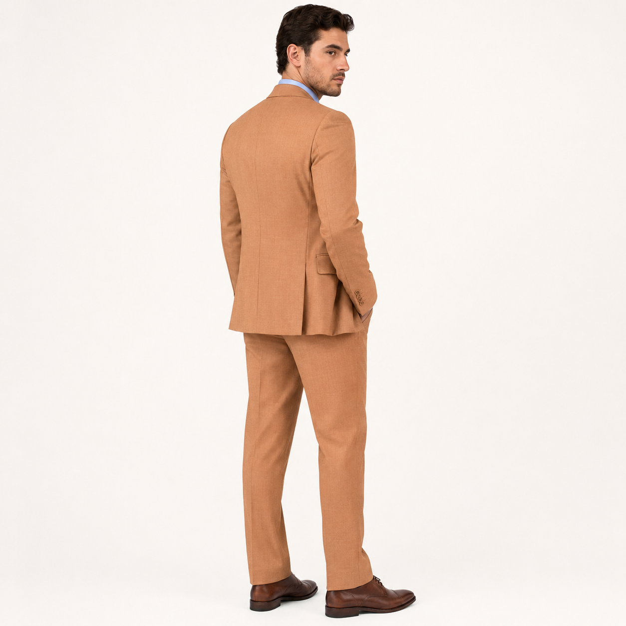 Light Amber regular fit three-piece suit on model, rear three-quarter view