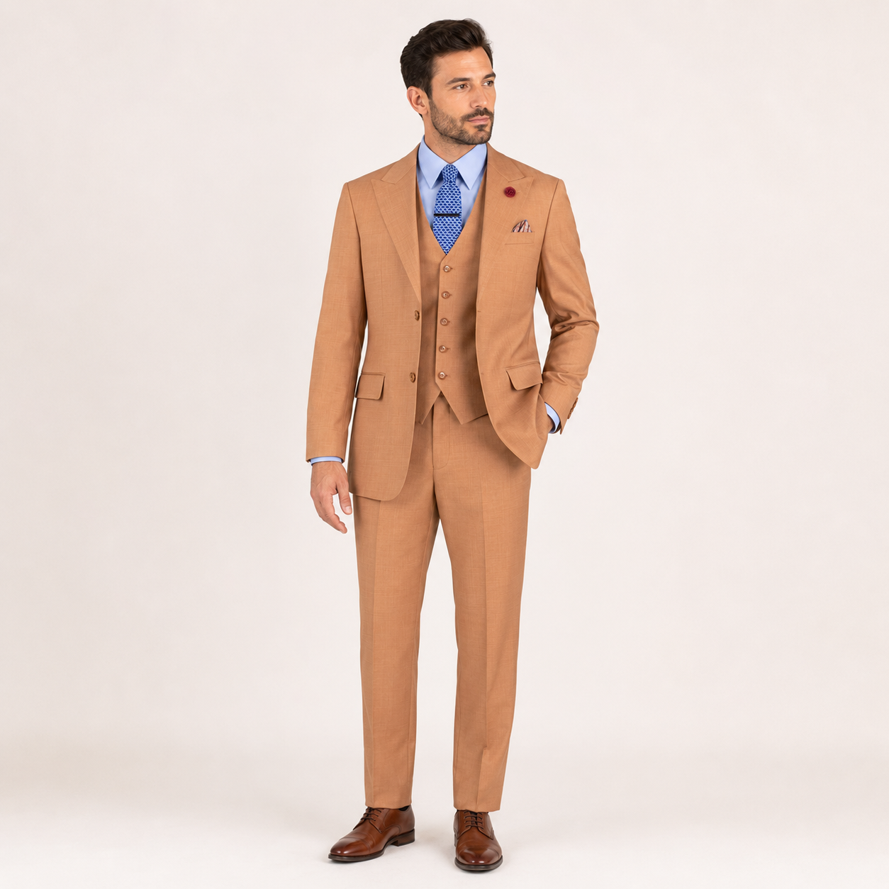 Light Amber regular fit three-piece suit on model, front studio view