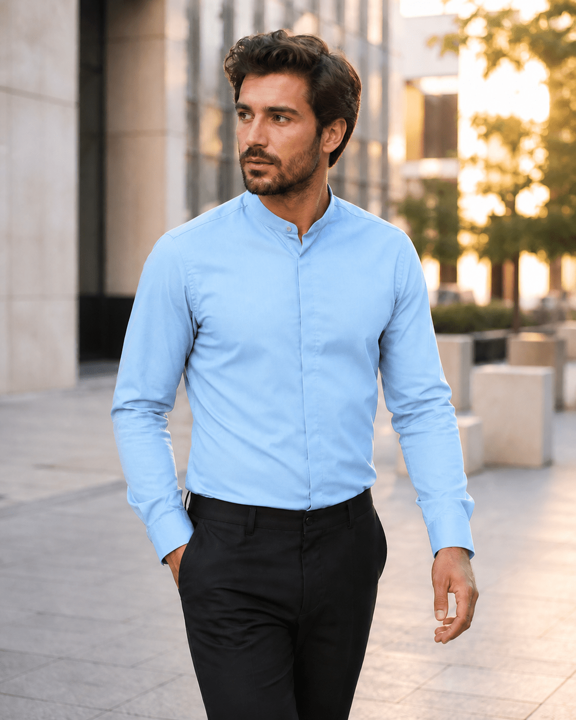 Banded Collar Dress Shirt, Light Blue - Upscale Men's Fashion