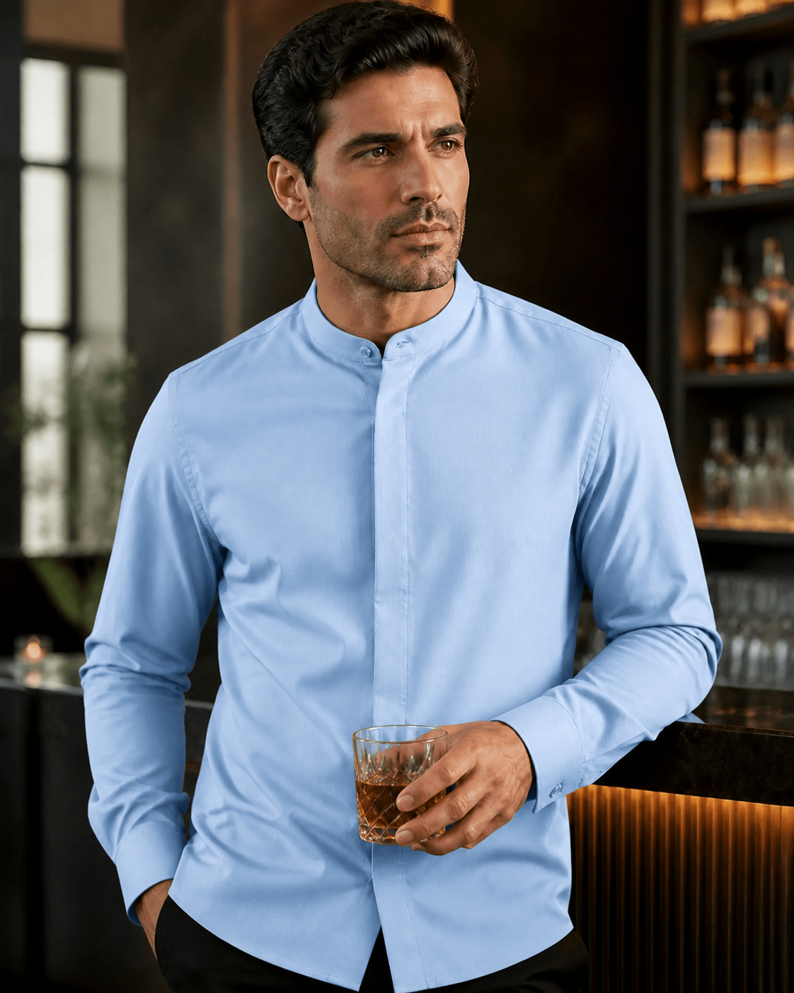Banded Collar Dress Shirt, Light Blue - Upscale Men's Fashion