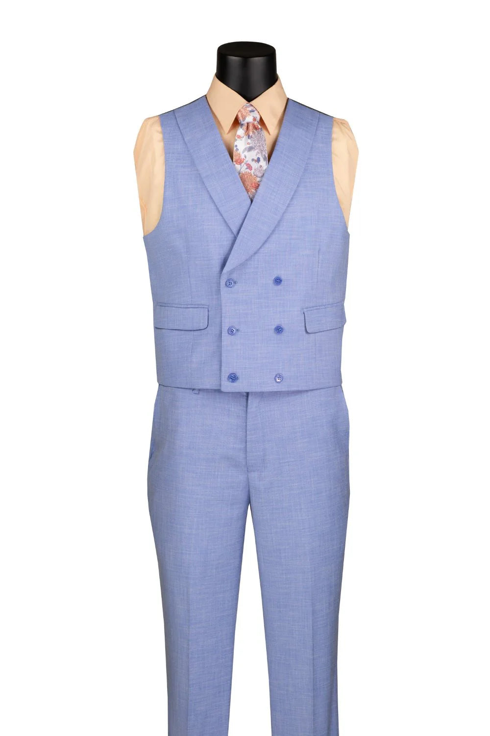 Light blue modern fit 3-piece suit shown with lapel vest and pants, no jacket