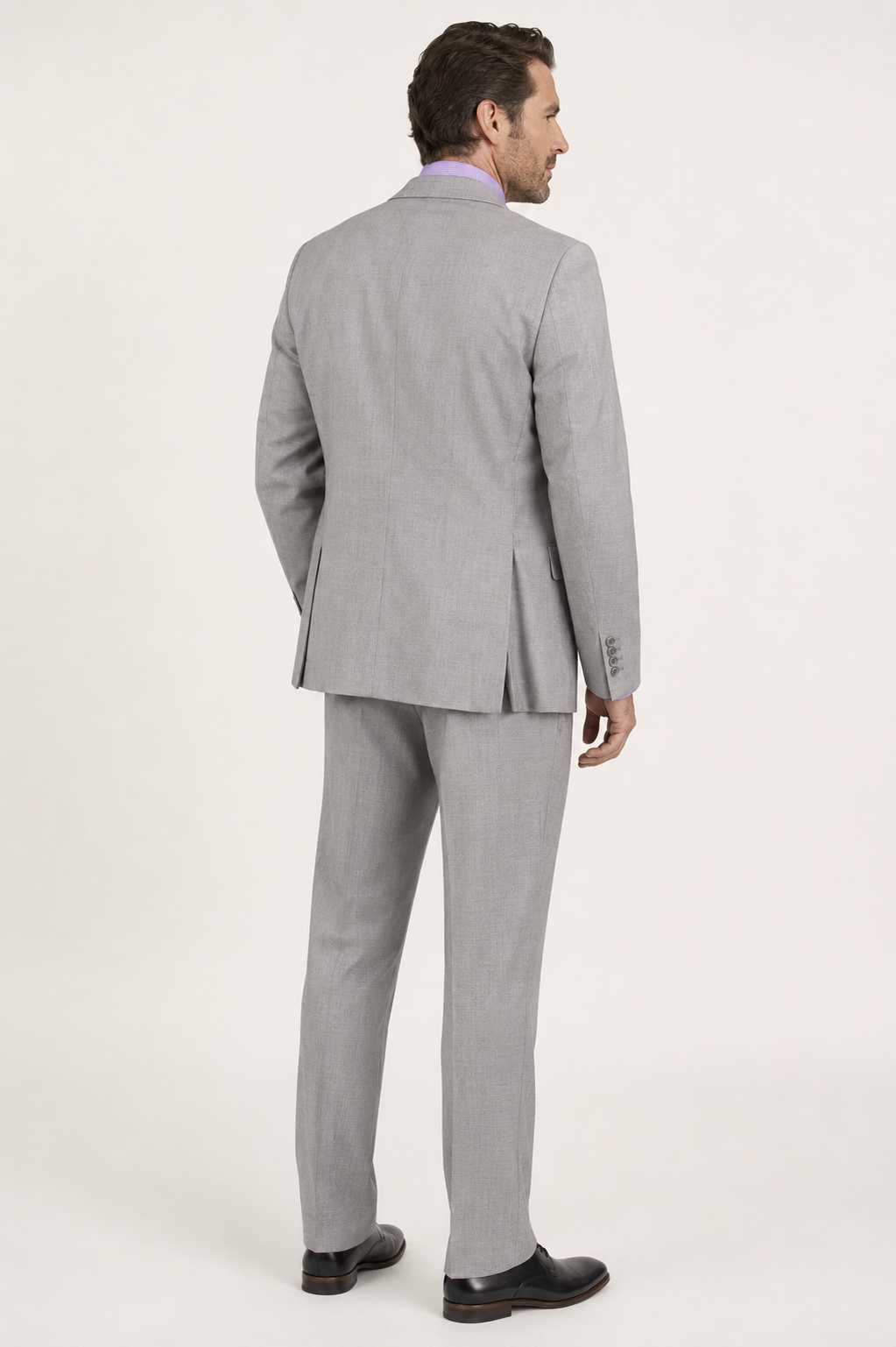 Light gray Bellavere three-piece suit rear three-quarter view